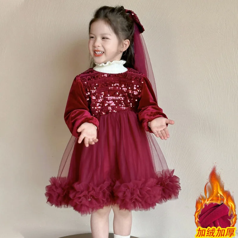

Girls Dress Autumn and Winter Fashionable Sequin Princess Dress Little Girl New Year Fleece Red Formal Dress