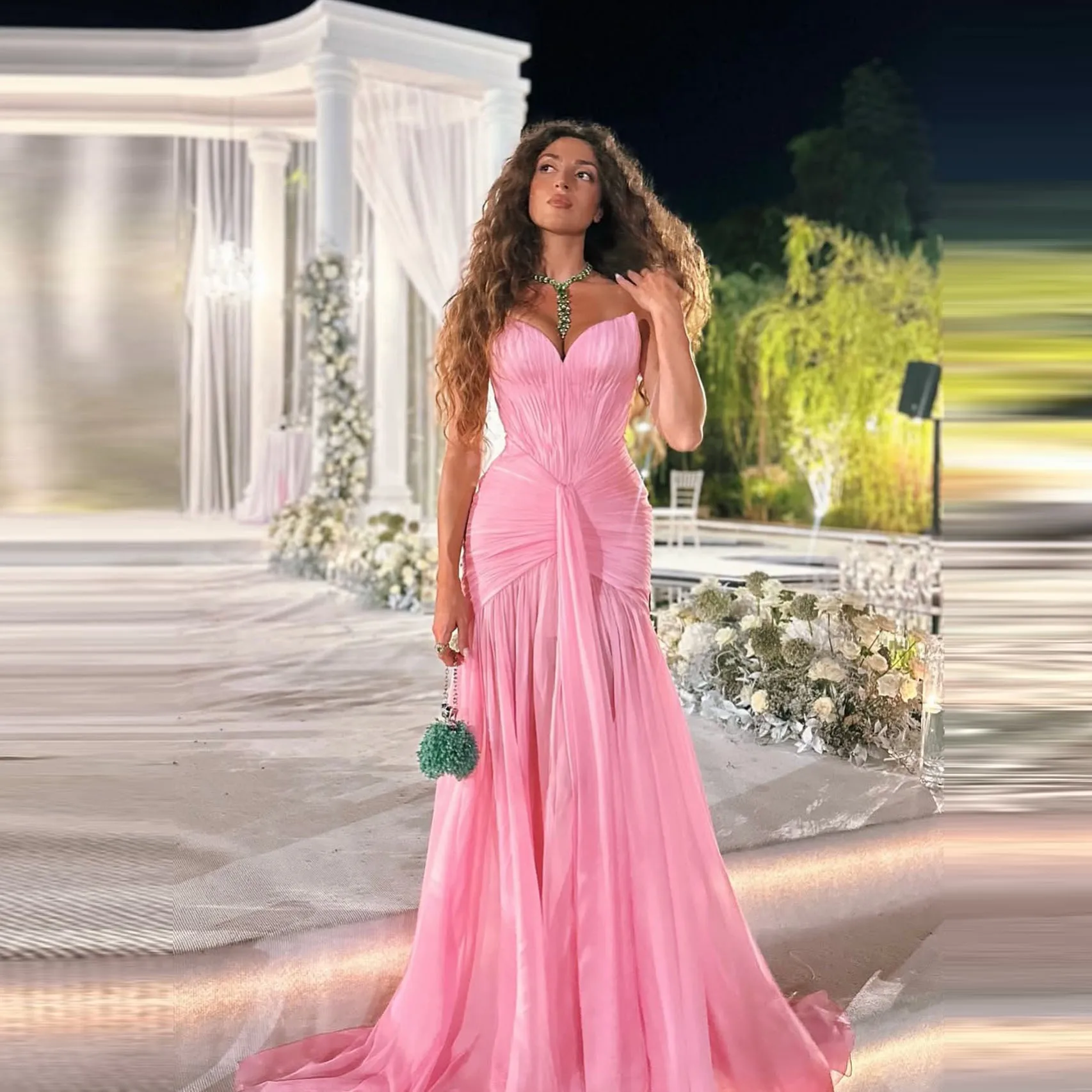 Pink Sweetheart Ruched Mermaid Gown with Slit and Chiffon Train – Elegant Evening Dress – 2025 Trending Wedding Dress Gala Gown