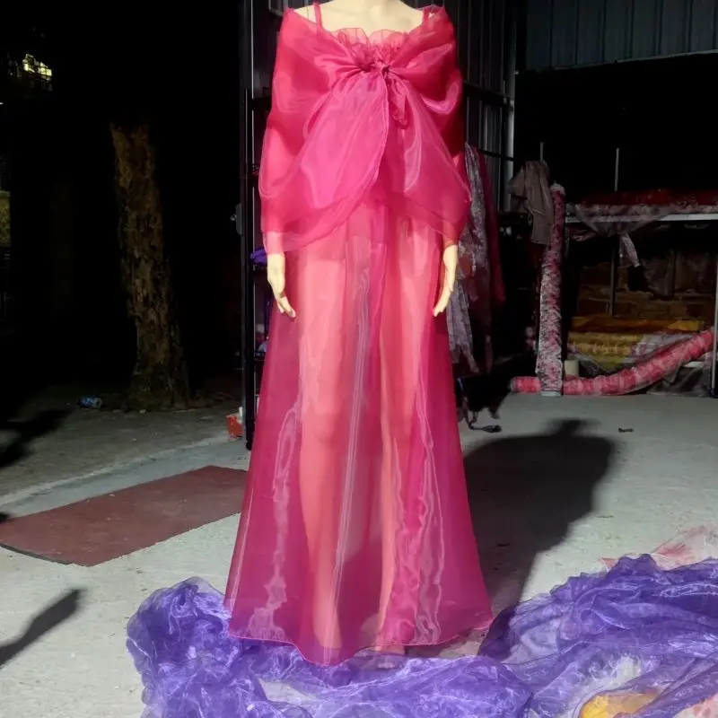 

Plus Size Rose Red See Through Glossy Organza Suspender Sexy Long Dress Silky Touch Ruffled with Sash Maxi Couple Erotic Costume