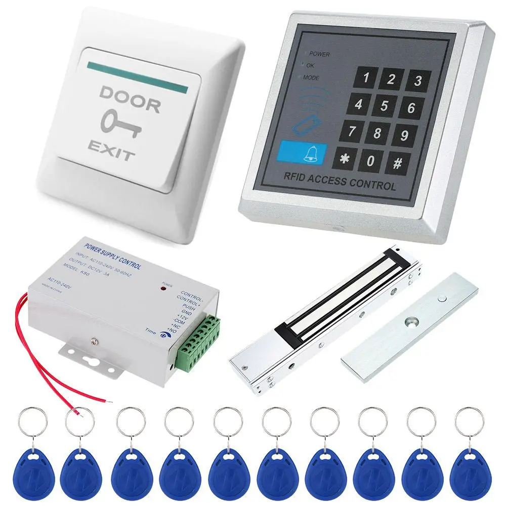 Zestaw systemu kontroli dostępu: elektromagnetyczny zamek 600lbs + klawiatura RFID i 10 breloków. |   Zasilacz 12V/3A
