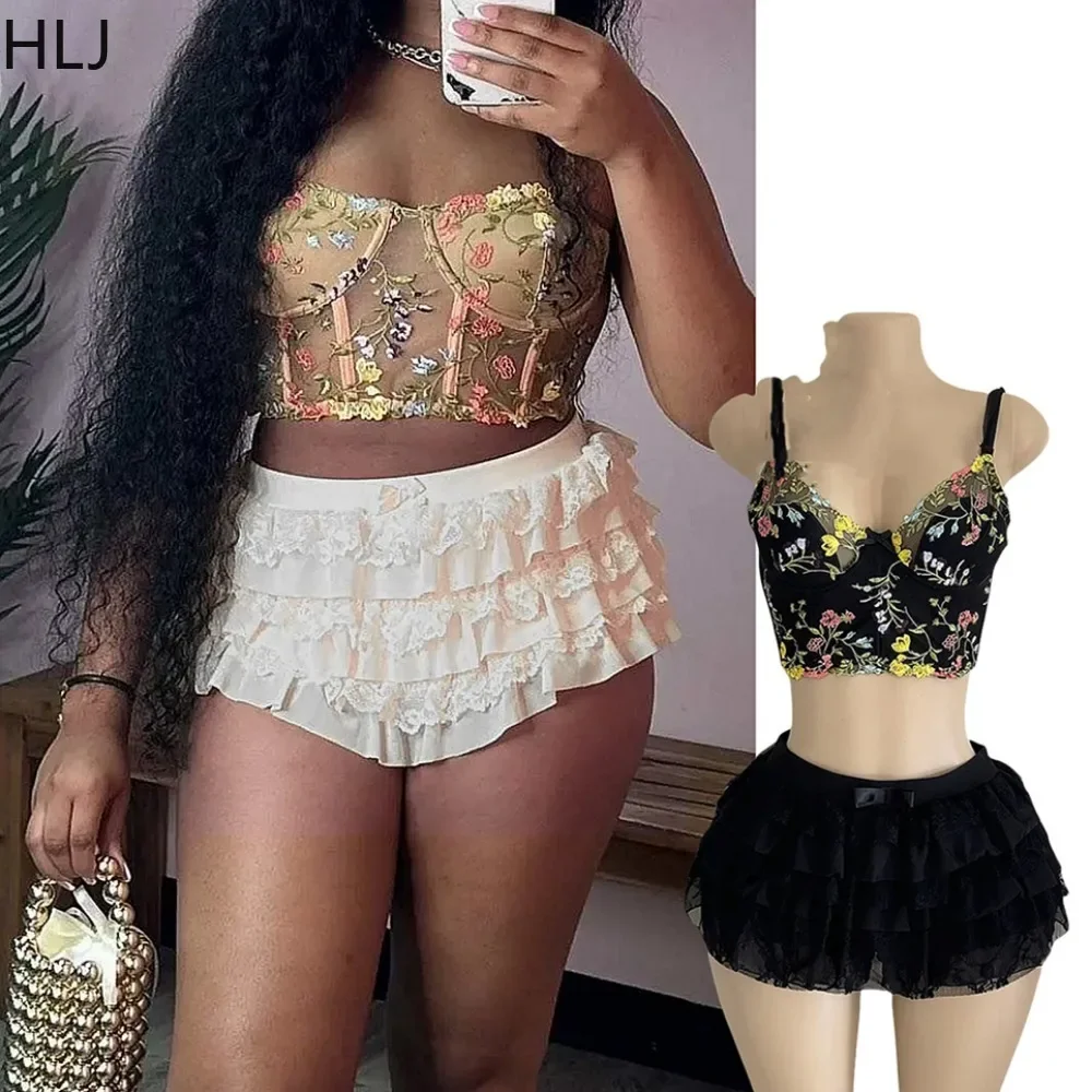 HLJ Y2K Ruched Skirts Two Piece Sets Women Embroidery See Through Corset Crop Top And Skirts Shorts Outfits Fashion Streetwear