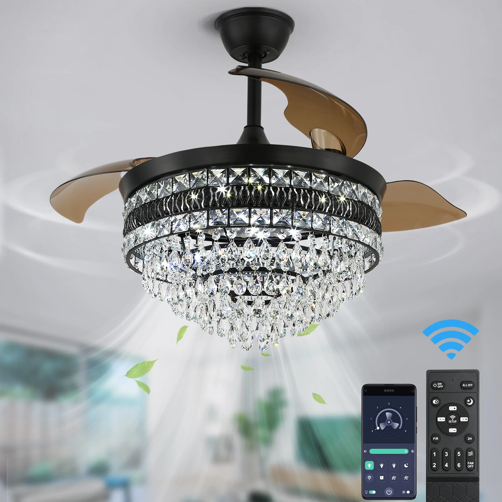 Imagem -04 - Crystal Dimming Fan Pendant Lamp Luminárias Indoor Chandelier Teto Velocidade Fan Lâmpadas Luxury Light 42