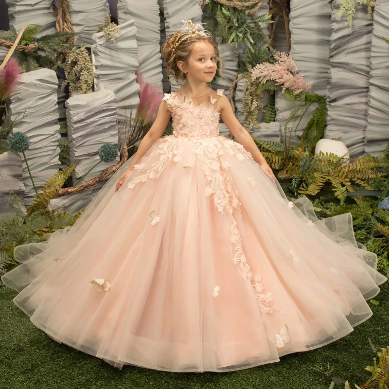 Luz champanhe flor menina vestido de tule com flores 3d e borboleta sem mangas para casamento aniversário banquete vestidos de princesa