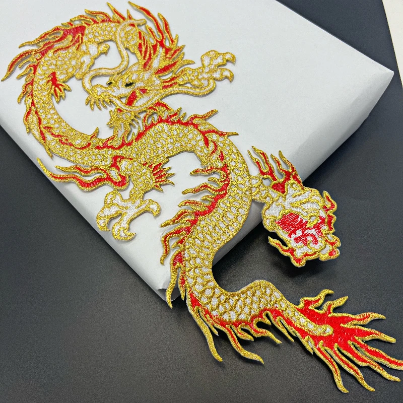 Chinese Style Embroidered Golden Dragon Patch Sew on Clothes Applique Hanfu T-Shirt Men's Clothing DIY Decoration Accessory