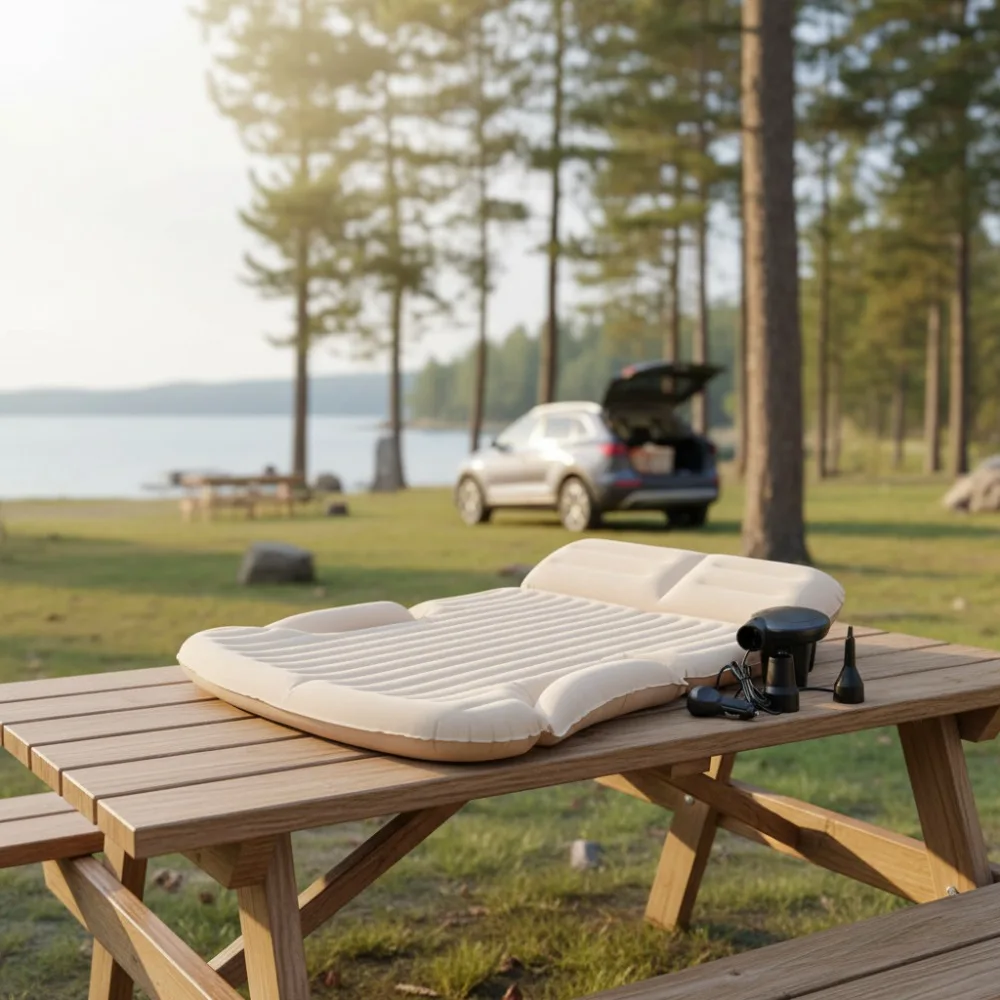 

SUV Air Mattress with Electric Pump, Double-Sided Flocking for Camping & Travel, Includes 2 Pillows (Beige/Coffee)