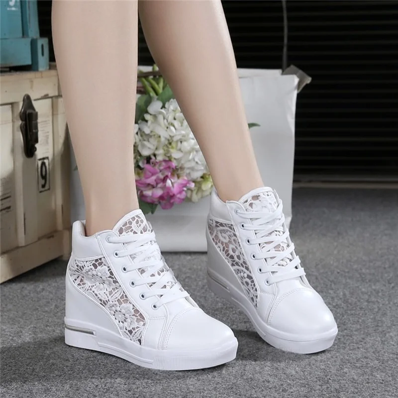 Summer Women\'s Lace Casual Breathable Mesh Sneakers White Flats Loafers High Heels Platform Wedges Ladies Creepers Shoes Fashion