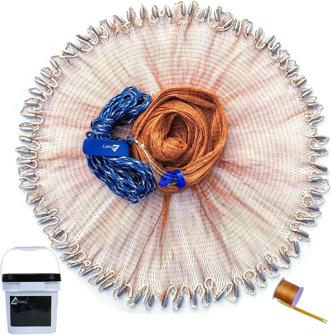 Red de Pesca Drasry para Agua Salada con Plomos Pesados para Cebo, Tamaño de 3 a 10 Pies de Radio, Redes para Agua Dulce