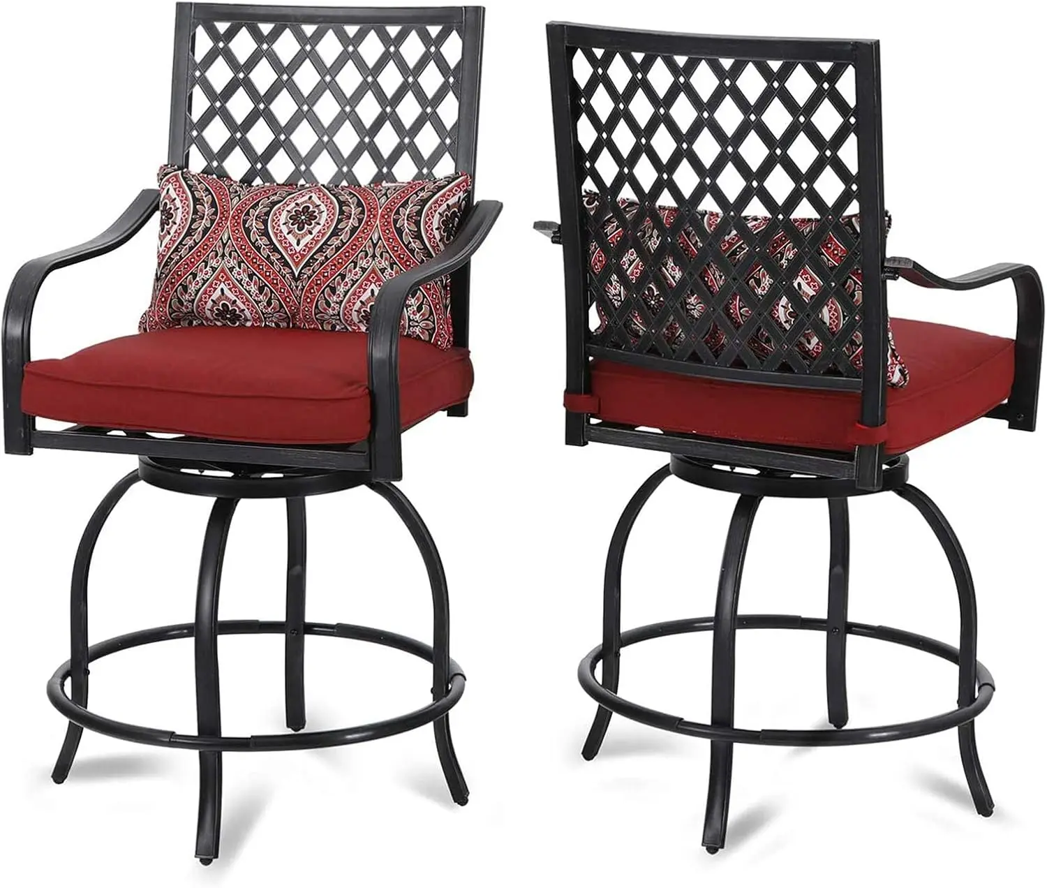 2 PCS Outdoor Swivel Bar Stool, Patio Counter Height Bar Chair with Cushion and Armrest, Red