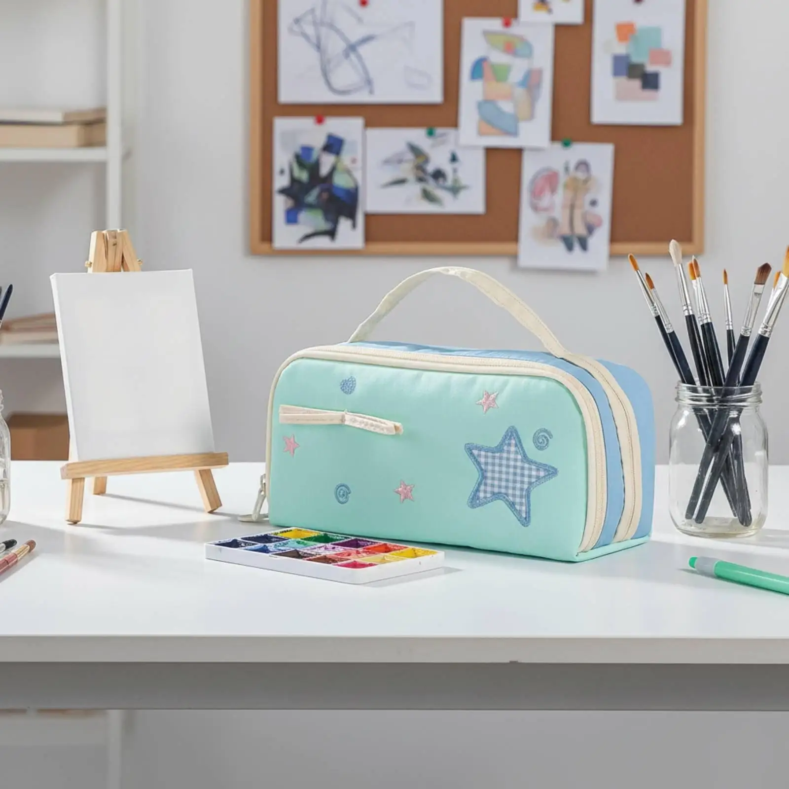 Star Pattern Pencil Pouch Cute Design Multi Layer Pen Bag Wide Opening Large Capacity Pencil Pouch with Handle for Students,