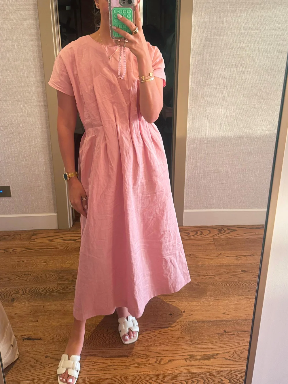 

Elegant casual fashion dress women's wide shoulder round neck pocket waist pleated dress summer commuting simple dress