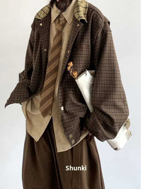 Early Autumn Plaid Jacket Casual Loose Unisex College Style Ensemble Vintage Japanese Retro Design Youth Fashion