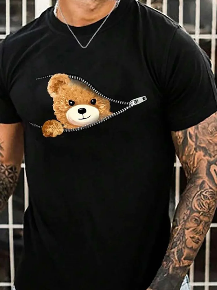 3D Printed Cartoon Bear Pattern Summer Men\'s Casual Cool T-Shirt Outdoor Sports Loose Comfortable Short Sleeve Fashion Tops