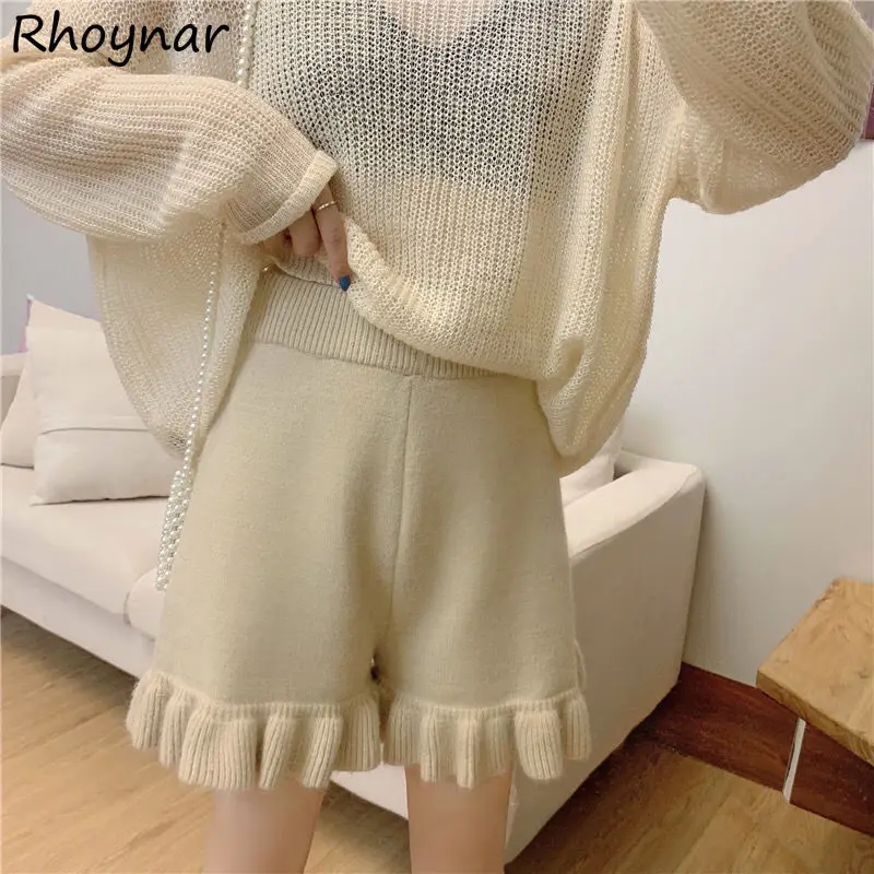 Shorts Women Gentle Knitting Winter Ruffles Elastic High Waist Solid Simple Leisure New Bottoms Korean Style Chic Sweet Fashion