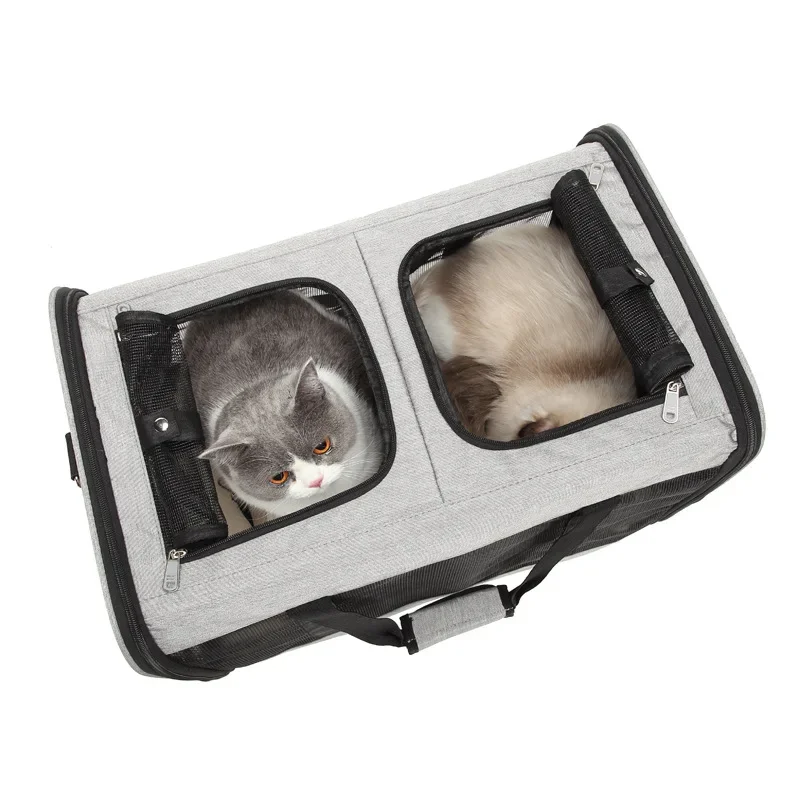 Portable Cat Bag with Detachable Wheels Mesh Window Double Compartment Trolley Bag Travel Rolling Carrier Dog Travel