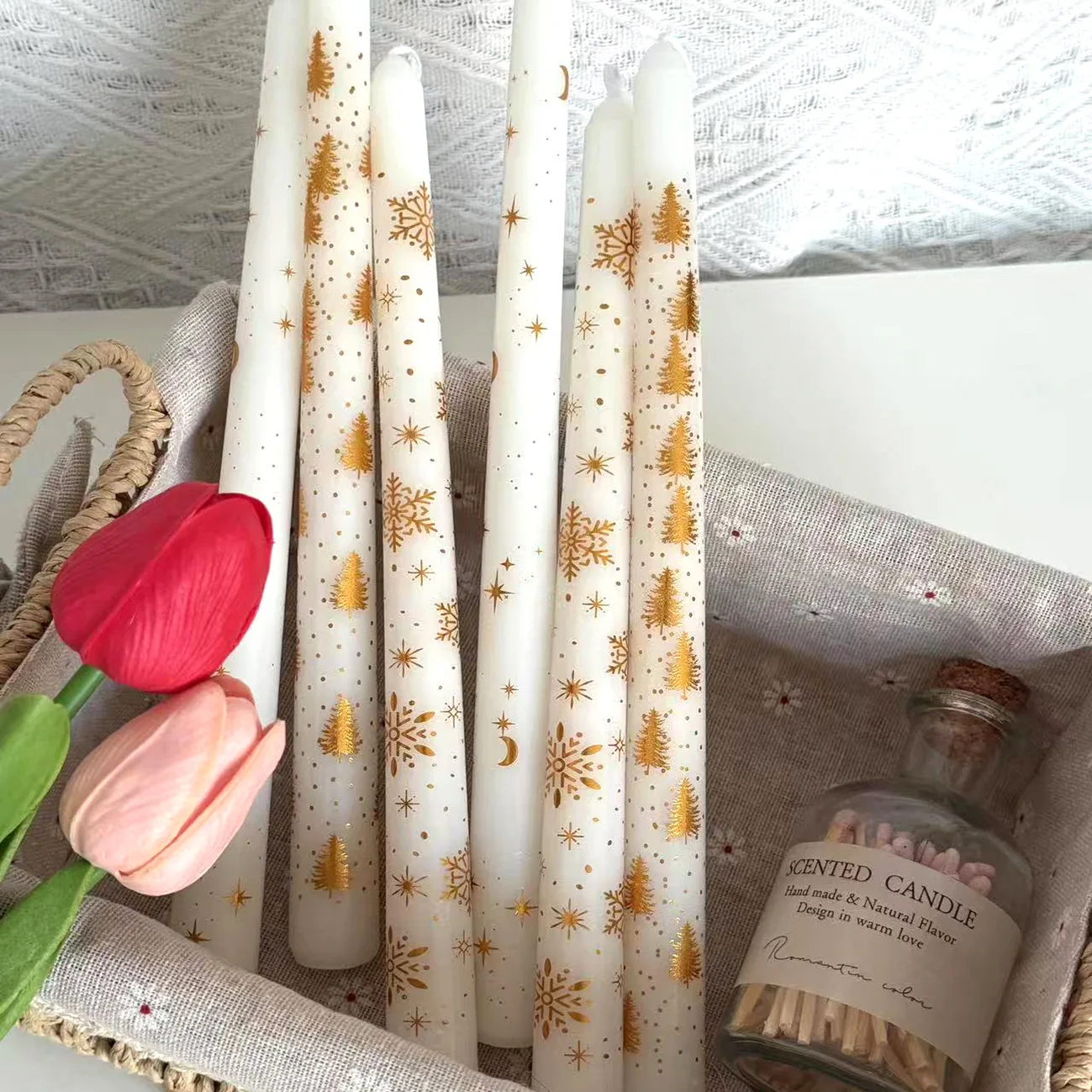 2pc/box 25cmchristmas Long Candle, Candlelight Dinner Wedding Gold-embossed Candle. Smoke-free Long Candle Creating Atmosphere
