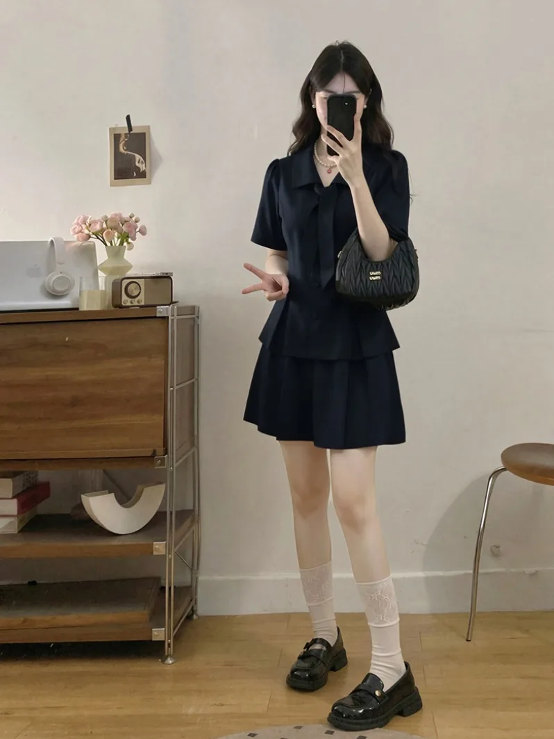 

plus Size Fashionable Korean Style Knot Shirt And Half Skirt Set Women's Summer Clothing Breathable Casual Outfit