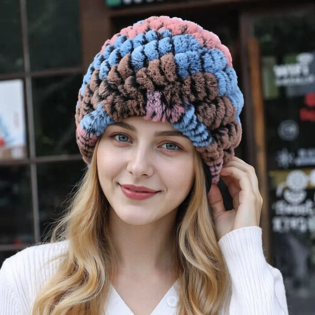 2026 Hot Sale  Lady 100% Natural Real Rex Rabbit Fur Hats Women Kintted Outdoor Rex Rabbit Fur Hat New Warm Real Fur Caps