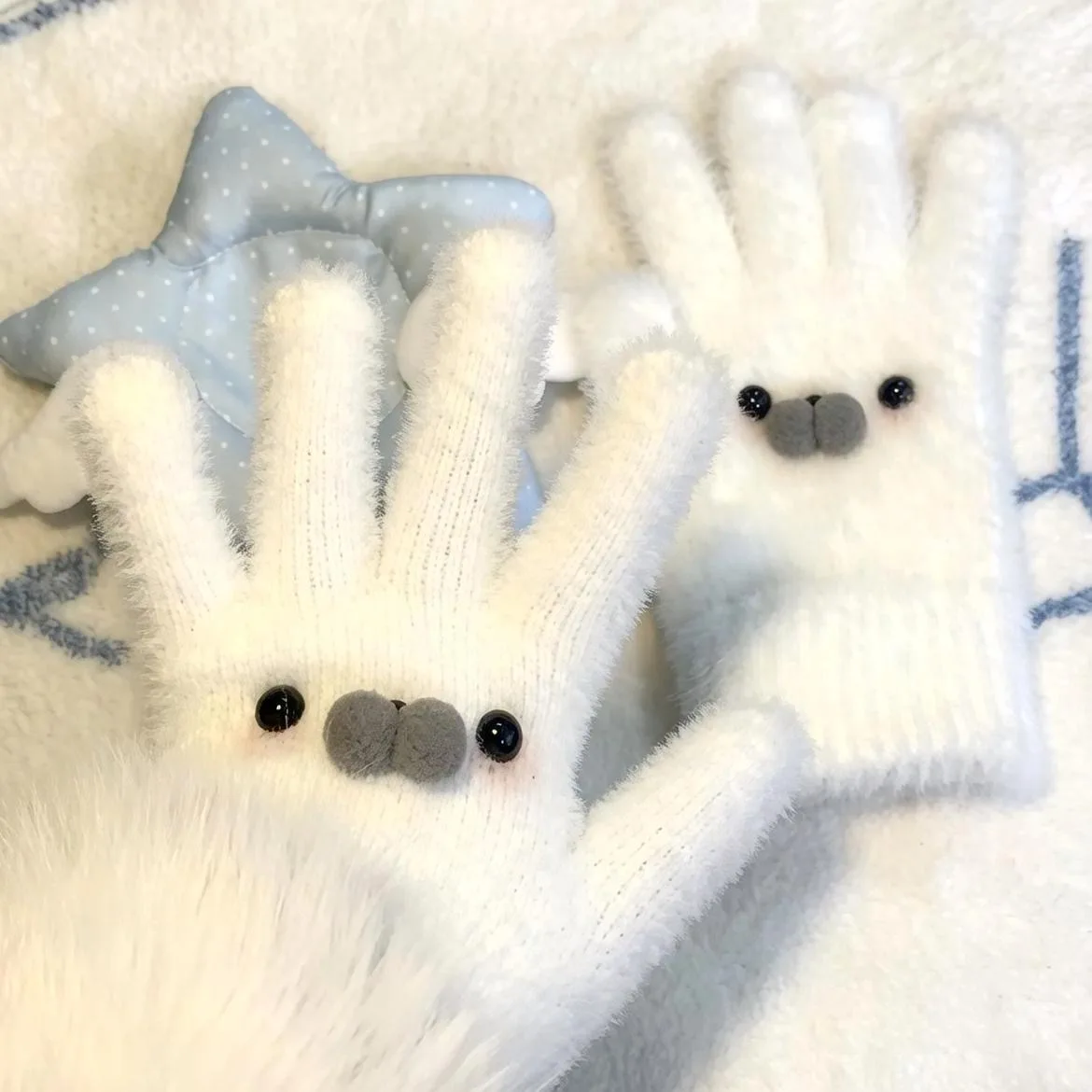 Cute Cartoon Seal Fuzzy Plush Gloves Winter Warm Split Finger Cold Resistant Outdoor Cycling Kawaii Animal Hand Warmer Gift