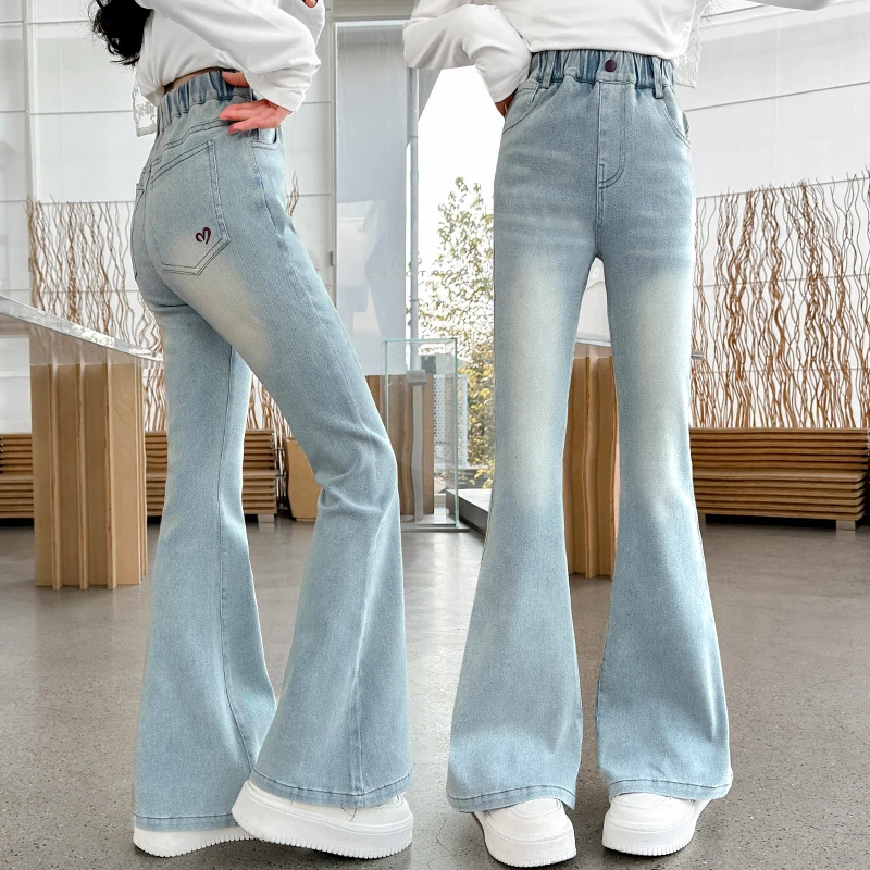 2026 Girls Concise Ins High Waist Flared Jeans Female Stretchy Bootcut Denim Pants Girls Solid Color Thin Bell Bottoms Trousers