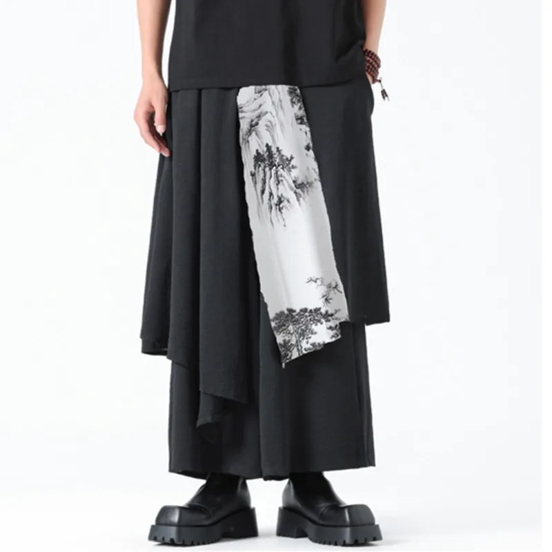 PFNW Chinese Style Men's Pants Printing Patchwork Irregular Menwear Casual Straight Wide Leg Loose Male Bottom Summer 12C284