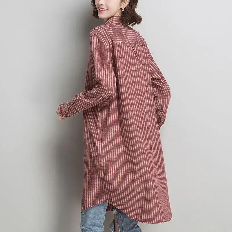 Spring New Striped Loose Cardigan Long Sleeve Polo Neck Plus Size All-match Mid Length Shirt Tops Vintage Casual Women Clothing