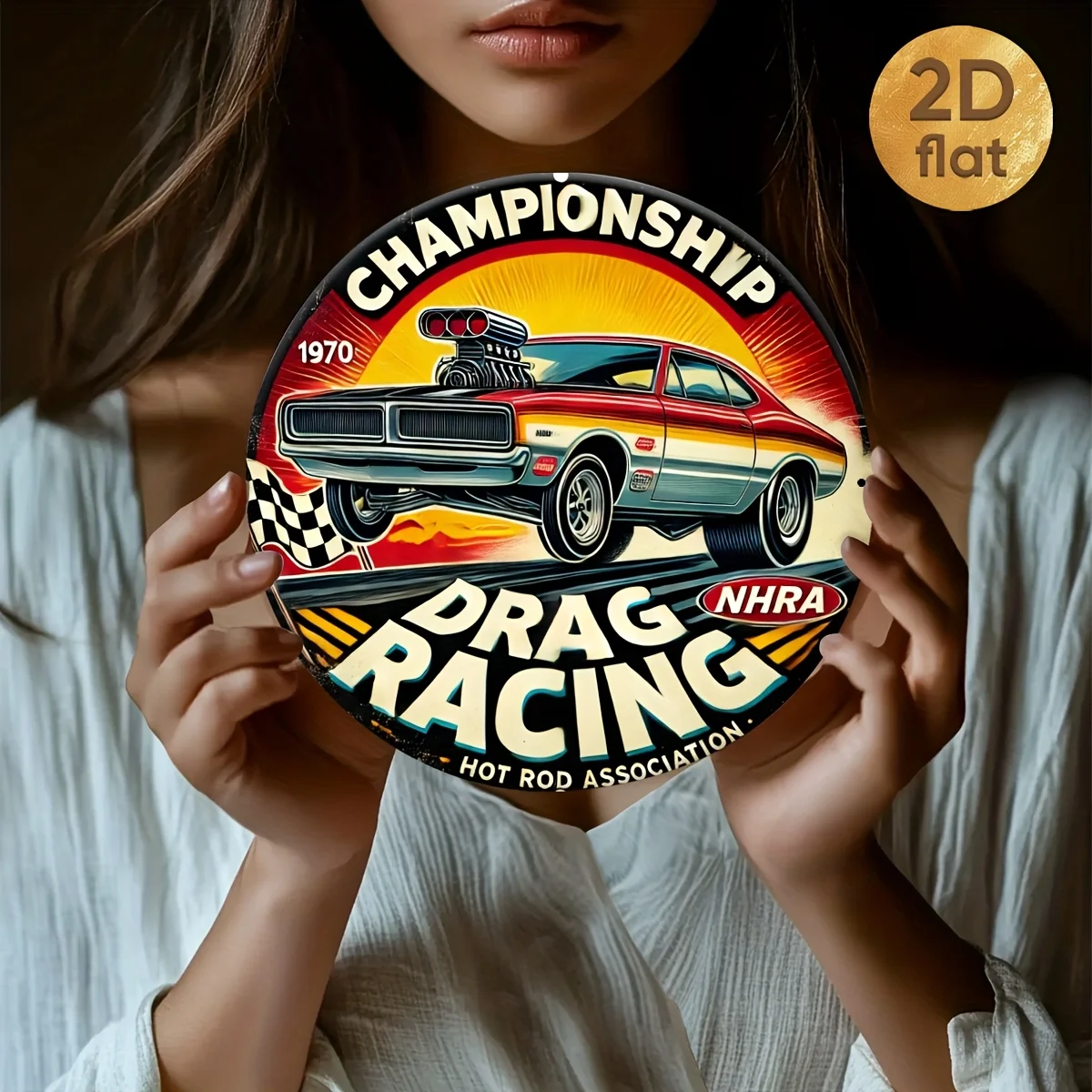 2D Flat, 1pc Vintage NHRA Drag Racing Wall Decor - 19.99x19.99 cm Round Aluminum Plaque with Retro Hot Rod Design & Checkered Fl