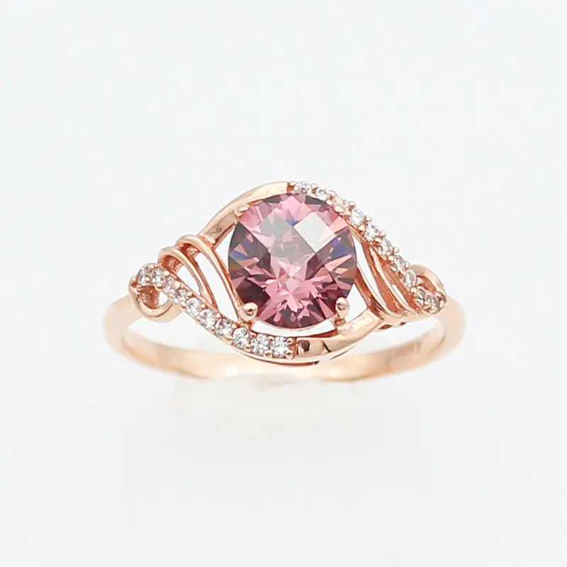 Anéis de casamento em cristal oliva para casais, openwork design, joias de luxo requintadas, ouro rosa, pedras preciosas rosa, 585 roxo, 14k