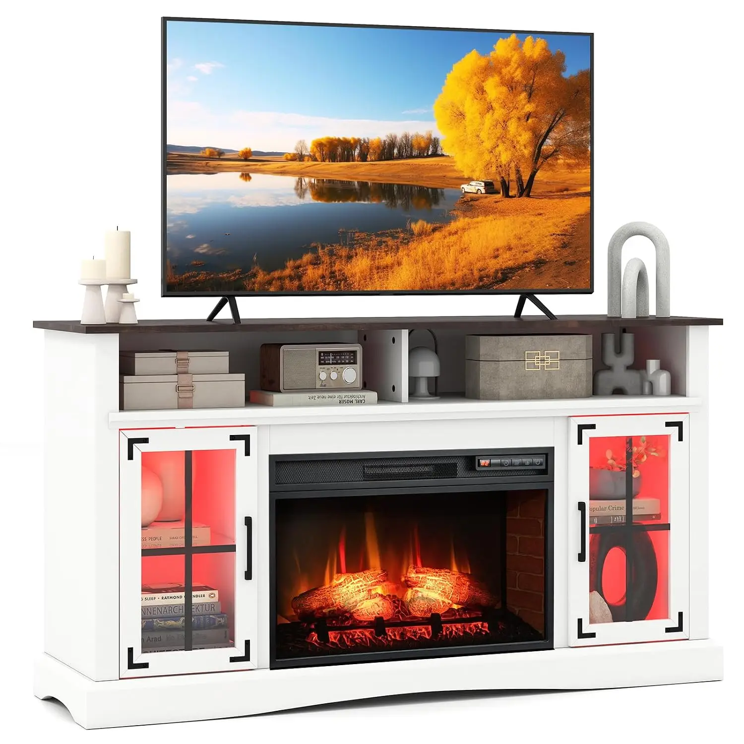 White TV Stand Electric Fireplace LED Light Adjustable Shelves Entertainment Center Living Room Bedroom 65