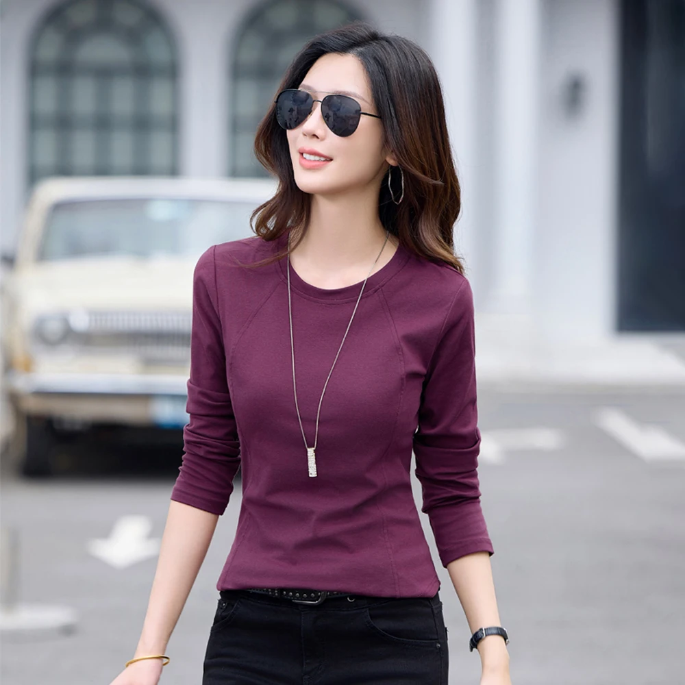 

Wine red long sleeved T-shirt for women's spring and autumn new high-end cotton fashion plus size slim fit round neck casual top