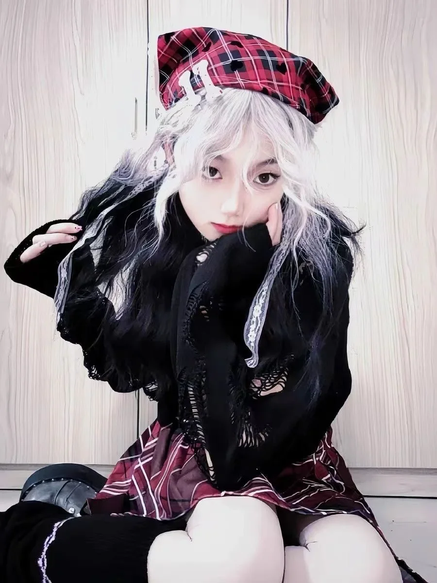 Bandanas Lolita Vintage à carreaux en forme de cœur, bandeau tricoté au Crochet fait à la main, serviette triangulaire pour cheveux Spice Girl