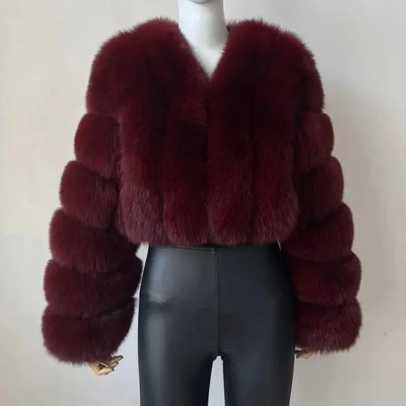 Faux Fox Fur Coat V-Neck Winter Woman Solid Long Sleeve Thick Warm Winter Short Coat Women Fashion Luxury New Fur Jacket