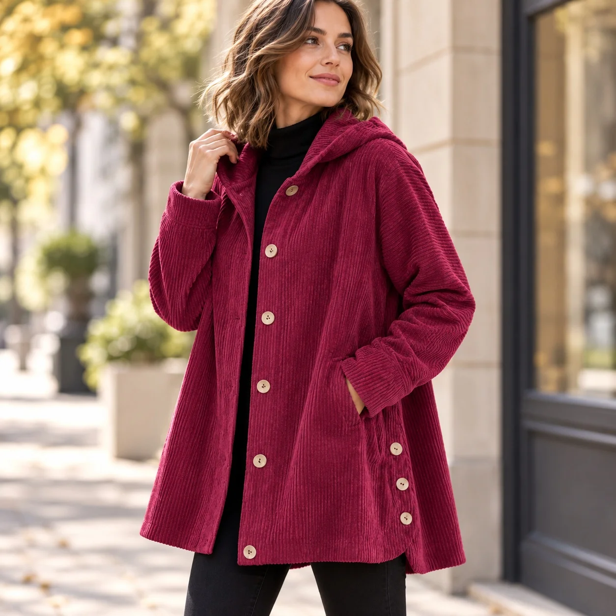 Hooded Loose Fit Coat Mid Length Commuter Style with Elegant Single Breasted Multi Button Pocket Long Sleeve Spring Jacket Women