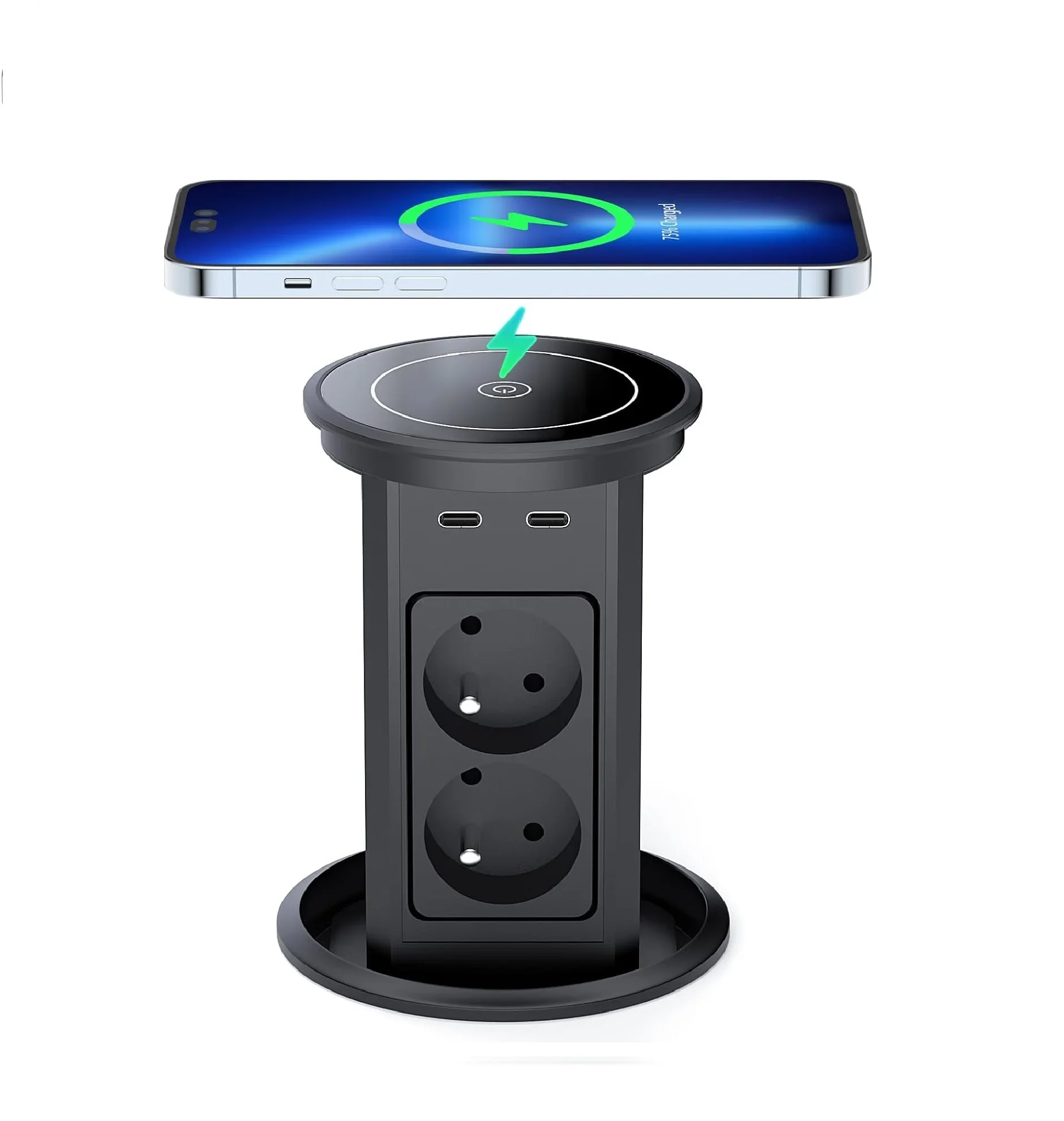 

4 EU power outlet Aluminium Retractable Table Socket with 10 W Wireless Charger 4 USB 100mm smart kitchen pop up tower socket