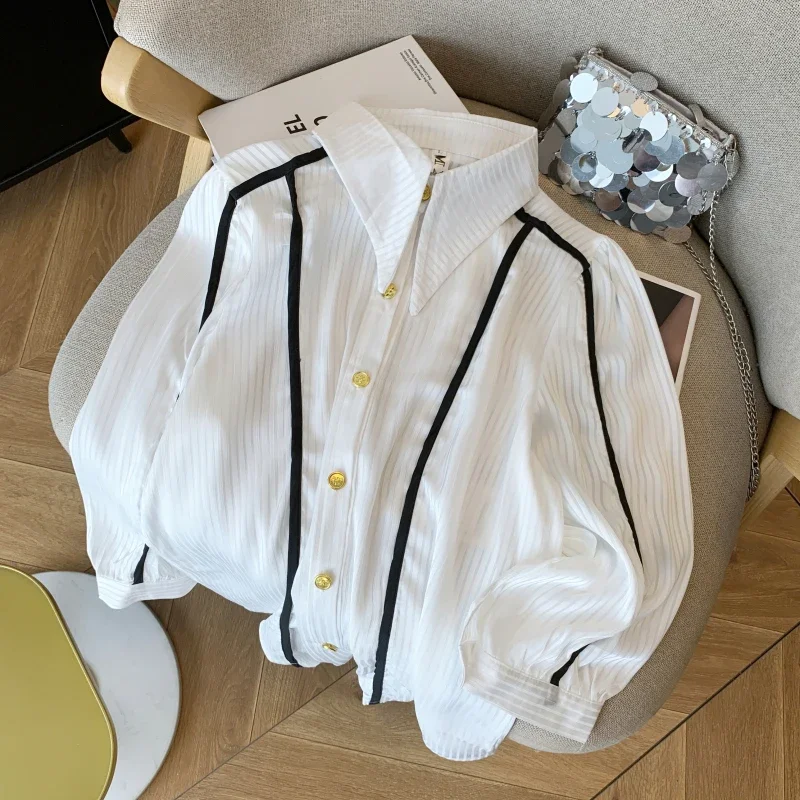 بلوزة شيفون عتيقة للنساء ، أكمام طويلة ، بلوزة فضفاضة ، ملابس مرقعة ، قمصان أحادية اللون ، طراز كوري ، جديد ، صيف #5