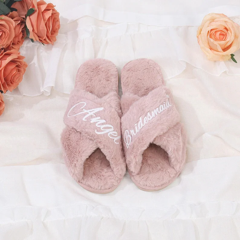 Personalized Bridesmaid Fluffy Slippers, Custom Bride Slippers, Bridal Slippers, Bridal Party Gifts Wedding Gift for Her view 4