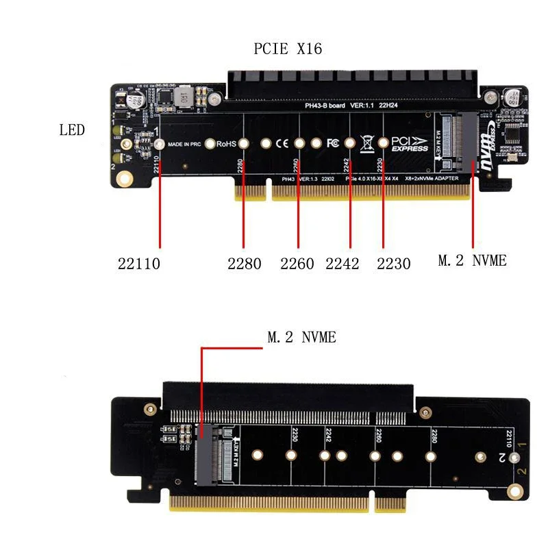 

Карта адаптера PCIE4.0 PCIe X16 с двумя портами M2 и раздвоенным разъемом X16 со слотом X8+X4+X4 SSD 2 порта M. 2 карты NVMe 22110