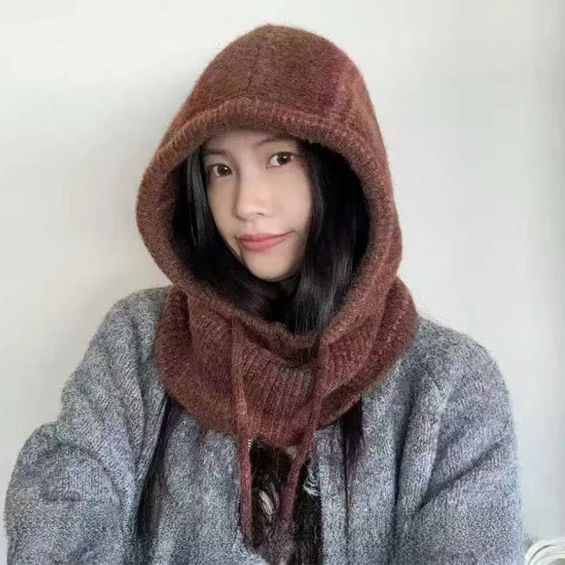 Gestrickte Kapuzenkappen Winter Sturmhaube Hüte Frauen Koreanischen Stil Outdoor Wärmer Kordelzug Hüte Einteilige Halskragen Mützen Kappe