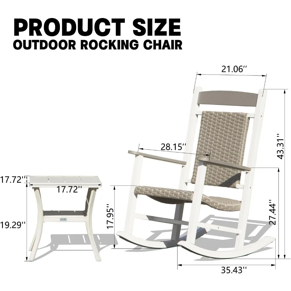 Domi Outdoor Rocking Chairs Set of 3, Durable HDPE Patio Oversized Rockers for Adults, Wicker Rocking Chair with 380lbs Support,