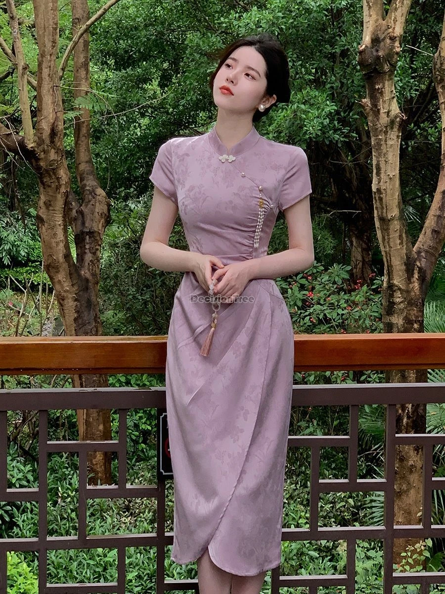 

2024 summer new chinese improved qipao purple jacquard national style short sleeve stand collar slimming long cheongsam dress