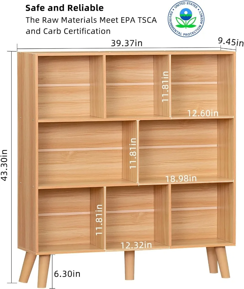 LEYAOYAO Wooden 8 Cube Book Shelf, Natural 3 Tier Bookshelf with Legs, Modern Open Storage Organizer,Boho Bookcase