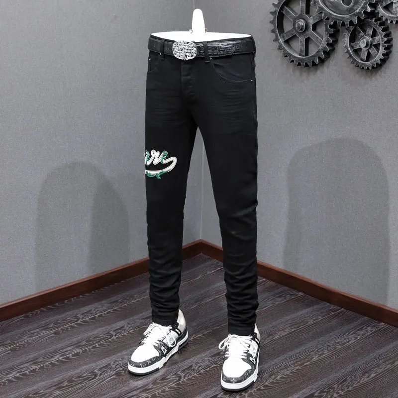 High quality and fashionable new men's jeans stretch slim fit washed black jeans from high street hip-hop brand, high-quality lo
