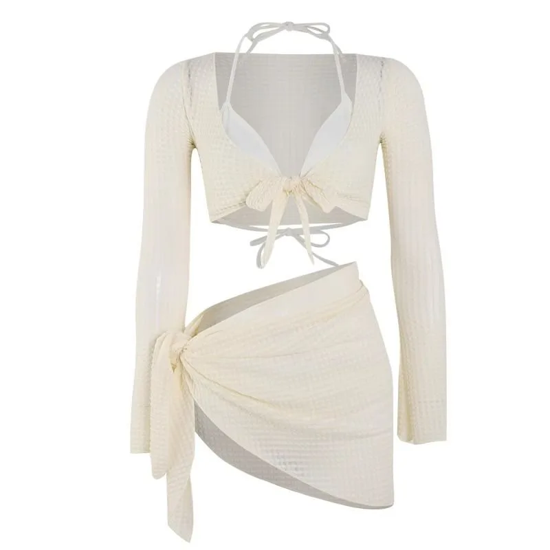 Conjuntos de Bikinis de manga larga para mujer, traje de baño liso Sexy ajustado ahuecado, moda elegante para vacaciones en la playa, traje de baño de estilo coreano con cordón de 4 piezas