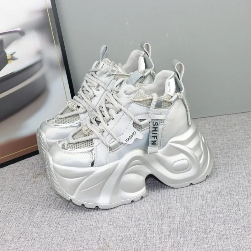 Silver Small Thick Soled Invisible Inner Increase 12CM Daddy Shoes Women's Net Surface Breathable 10cm Short Loafer Casual Shoes