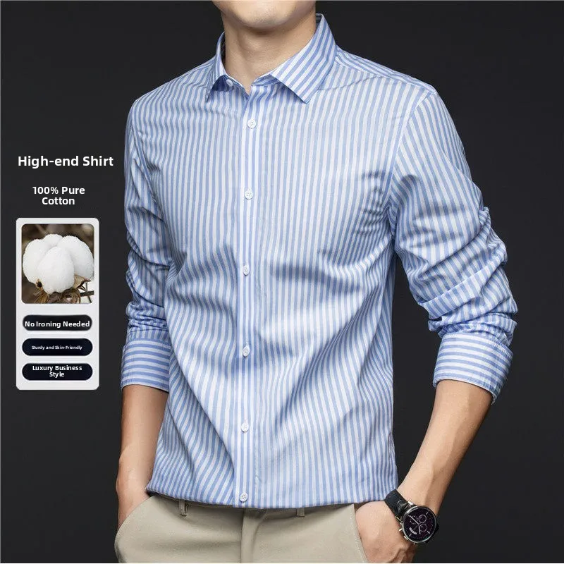 

Высококачественная мужская повседневная деловая рубашка с длинным рукавом, не требующая глажки, с небольшими полосками, весенне-осенняя, легкая, универсальная, хлопковая.