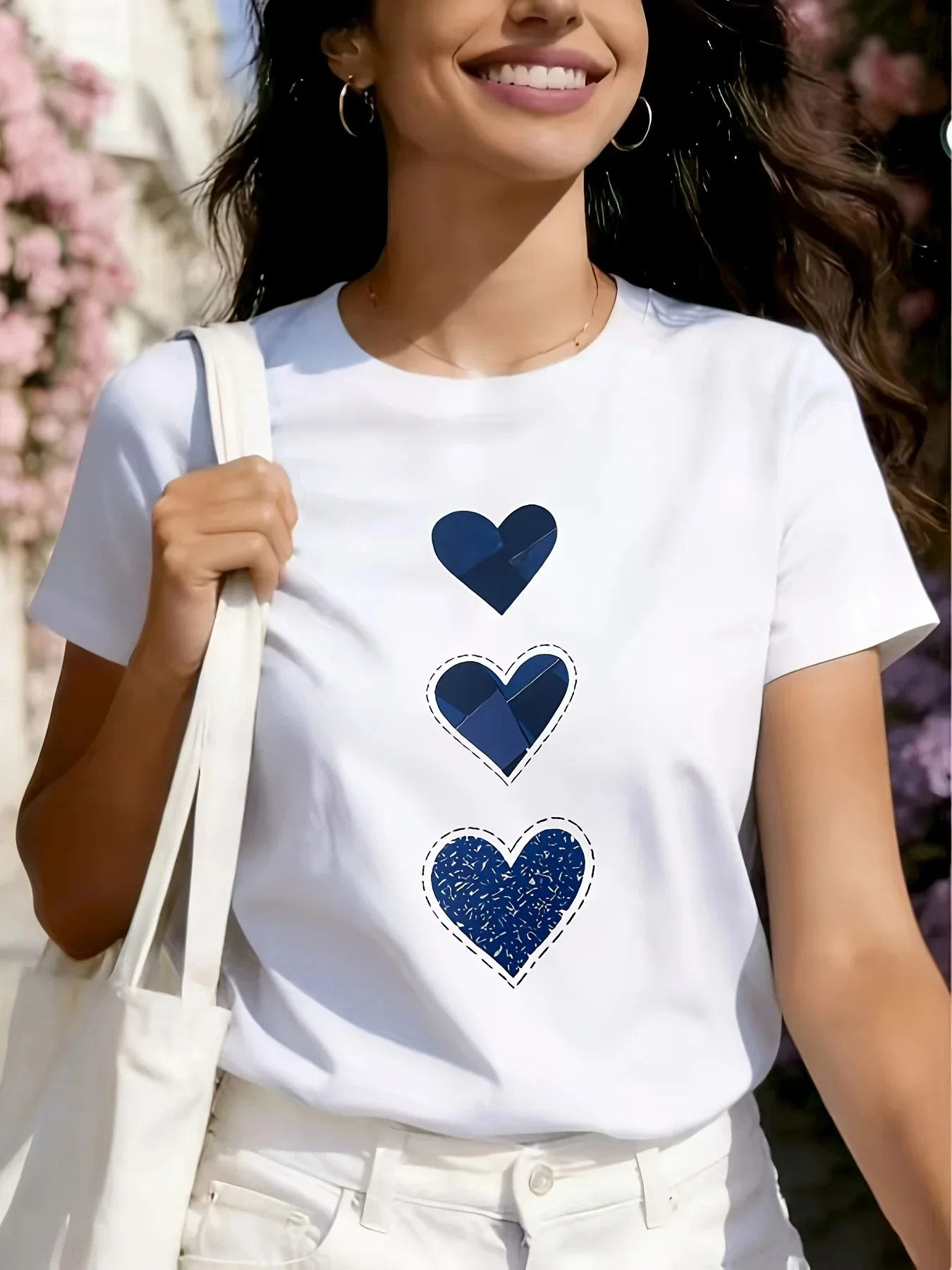 Three Blue Heart Shaped Vertical Pattern Print for Summer Comfort Tee Simple and Refreshing Top Unisex Clothing Free Shipping