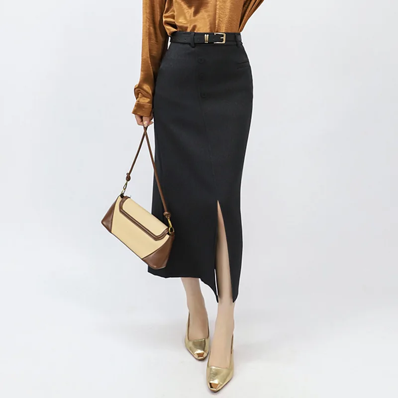 French Elegant Minimalist Red Bodycon Pencil Skirt Women Spring Belt Slit Blazer Skirt Chic Office Versatile Straight Midi Skirt