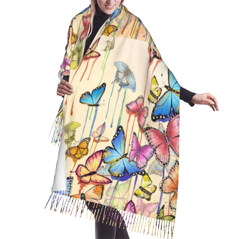 Retro Butterfly Winter Cashmere Scarf Women Luxury Print Female Shawl Wrap Scarves Lady Thick Warm Blanket Gift