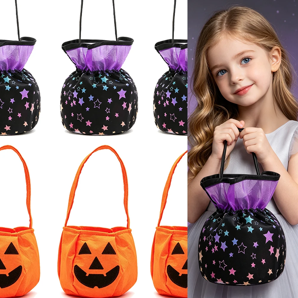 Purple Witch Kids Halloween Trick or Treat Bag Pumpkin Star Print Candy Bucket Drawstring Gift Handbag for Carnival Party
