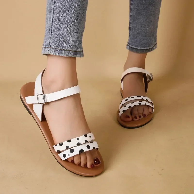 Ladies Shoes 2024 New Basic Women's Sandals Fashion Casual Sandals Women Polka Dot Round Toe Buckle Strap Flat with Shoes Women