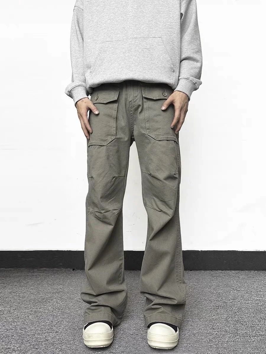 Celana Kargo Pria American High Street Sle dengan Kets Celana Panjang Pakaian Kerja Menyala Mikro Retro Berlipat untuk Perjalanan